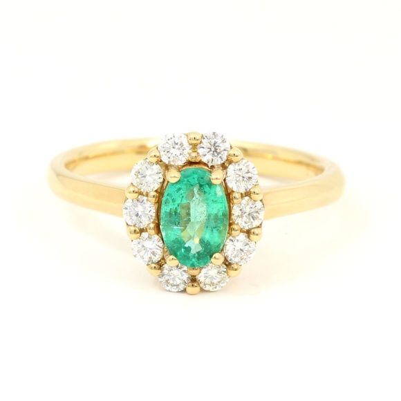 18k Yellow Gold Genuine Emerald Diamonds Halo Ring - Picture 1 of 7